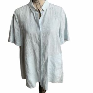 LAFAYETTE 148 New York Blue Linen Short Sleeve Oversize Button Up Shirt SZ Large
